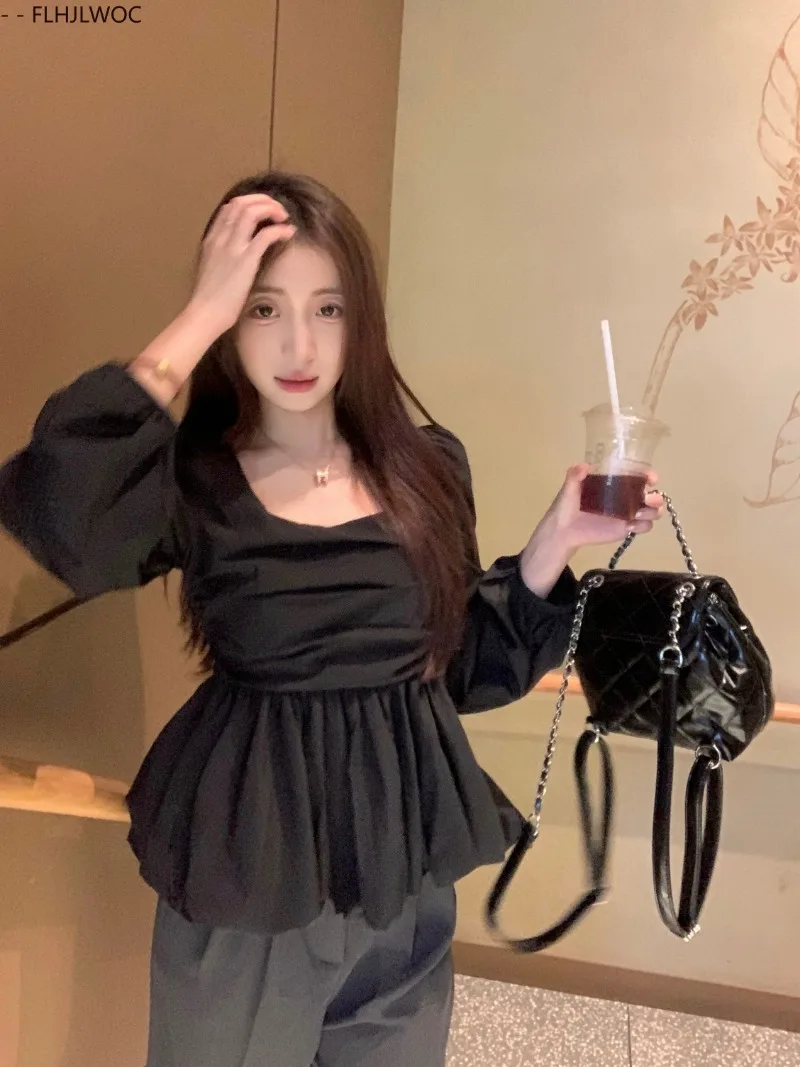 Belly Tunic Peplum Tops Blouses New Design Women Long Sleeve Casual Chic Korea Slim Fitted Black White Basics Shirts