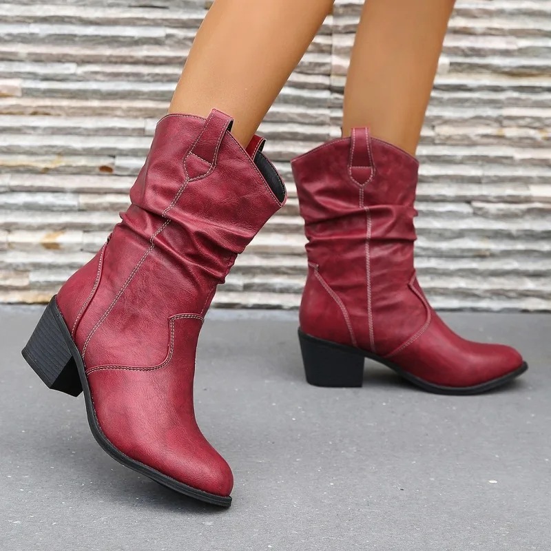 

Western Boots Woman Winter 2024 Embroidery Pointed Toe Autumn Mid Calf Chelsea Square Heel Rubber Botas De Mujer Fashion1