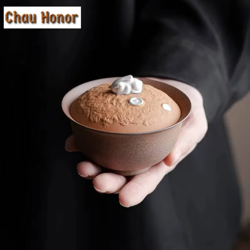 150ml Handmade Rough Pottery Gaiwan Aesthetic Old Rock Mud Rabbit Tea Tureen Chinese Tea Making Cover Bowl Tea Ceremony Craft