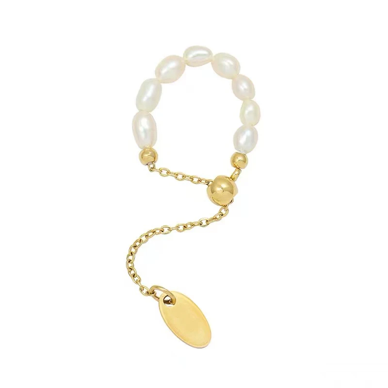 Adjustable Gold Color Rings French Retro Pearl Chain Pull for Women