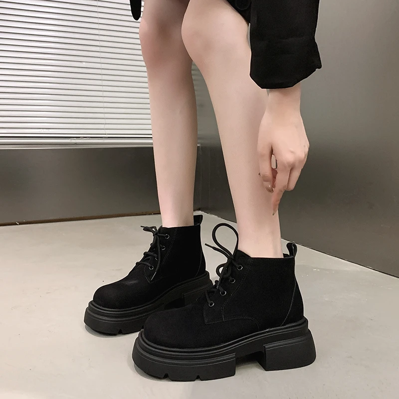 Ladies Shoes High Quality Lace Up Women's Boots Autumn British Style Suede Round Toe Solid Short Barrel Platform Fashion Boots