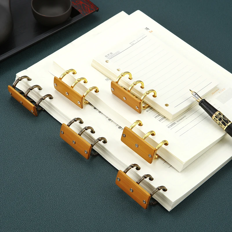 Metal 3 Rings Binder Clips with Bamboo Plates Loose Leaf Notebook Book Binder for Album Diary Data Book 2pcs