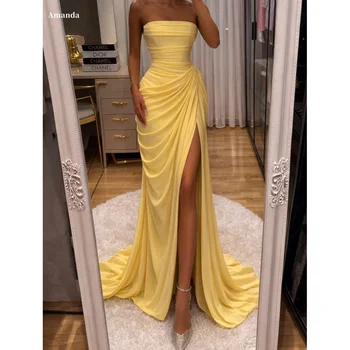 Amanda Customized Lemon Yellow Strapless Prom Dress with Draped Ruched Jersey Bodice, High Slit Floor Length vestidos de noche 1