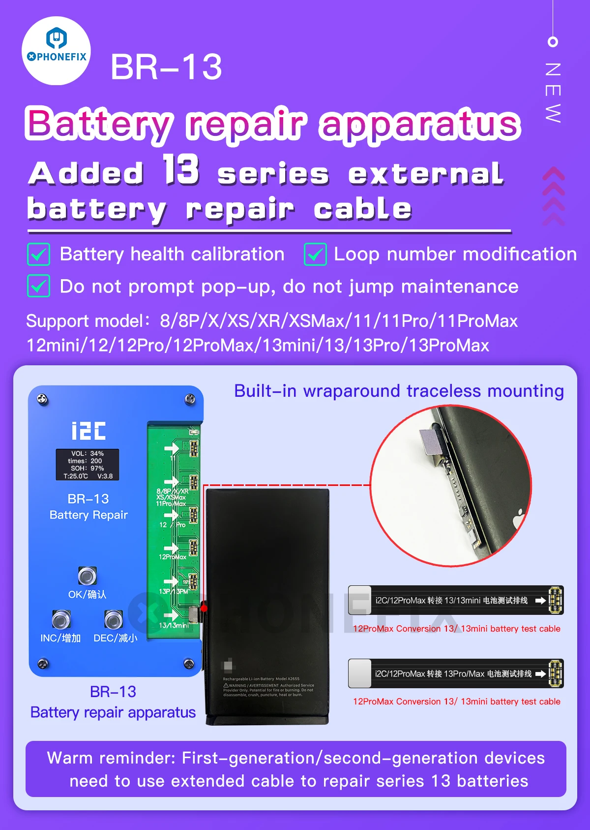Гибкий кабель для ремонта аккумулятора i2C BR-11 13, исправление неподлинной батареи, предупреждающая ошибка для iPhone 11-14Pro max