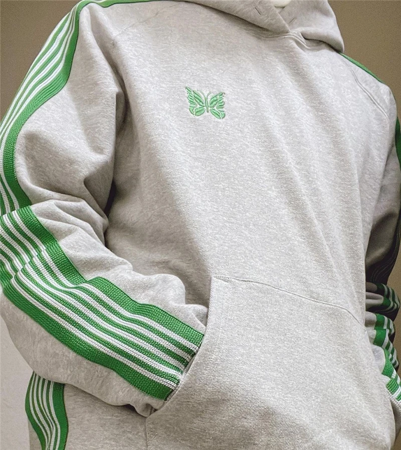 

Grey Hooded Pullovers Green Webbing Needles Hoodie Men Women 1:1 Top Quality Webbing Stripe Embroidery Butterfly Needles Pullove