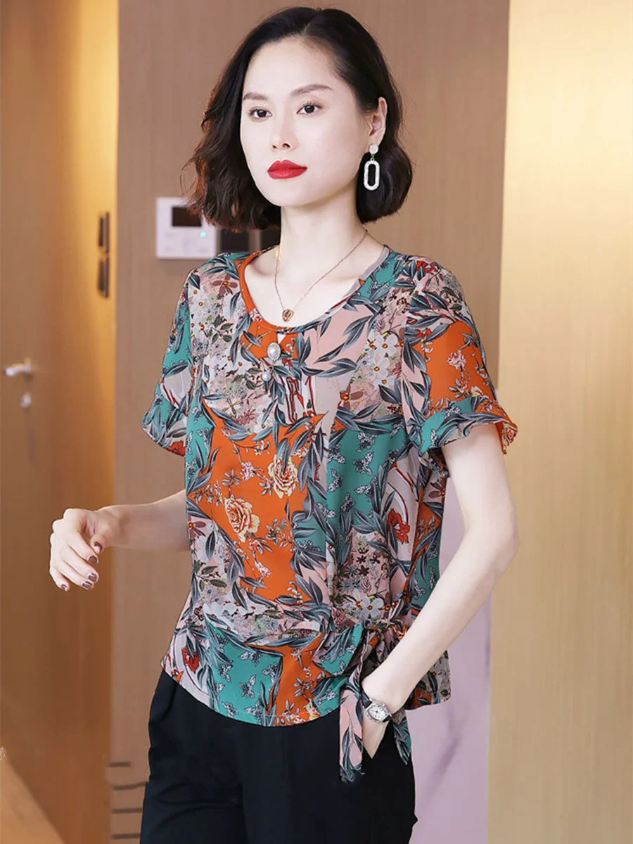 4XL Women Spring Summer Blouses Shirts Lady Fashion Casual Short Sleeve O-Neck Collar Retro Printing Button Blusas T