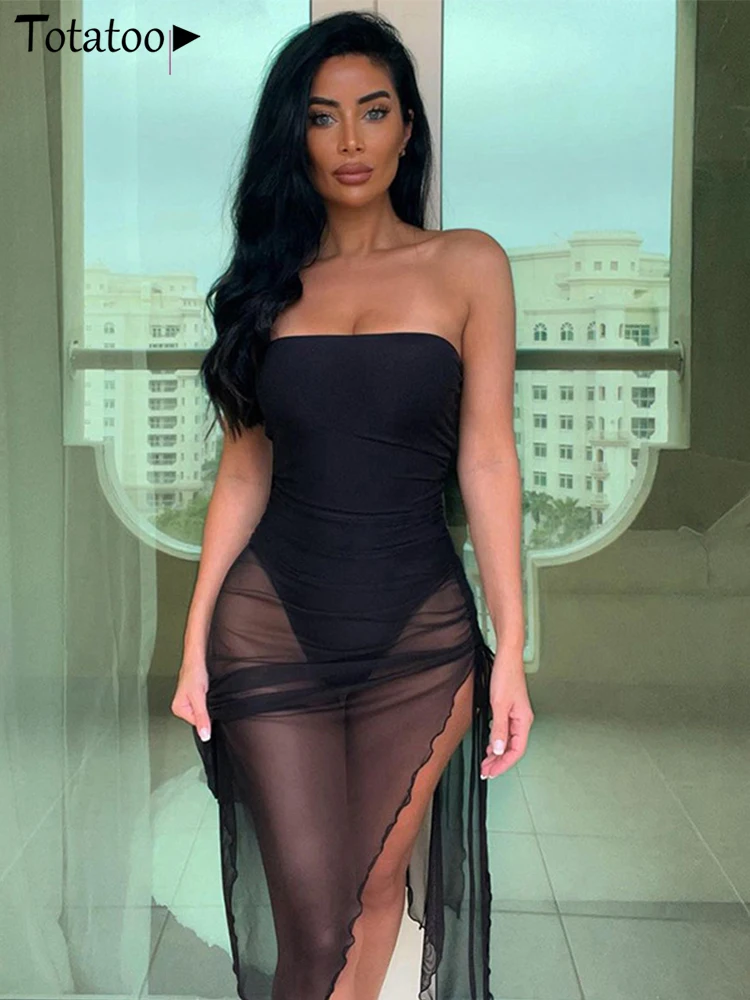 

Totatoop Off Shoulder Transparent Mesh Sexy Dress For Women 2023 Strapless High Split Irregular Midi Dress Night Clubwear