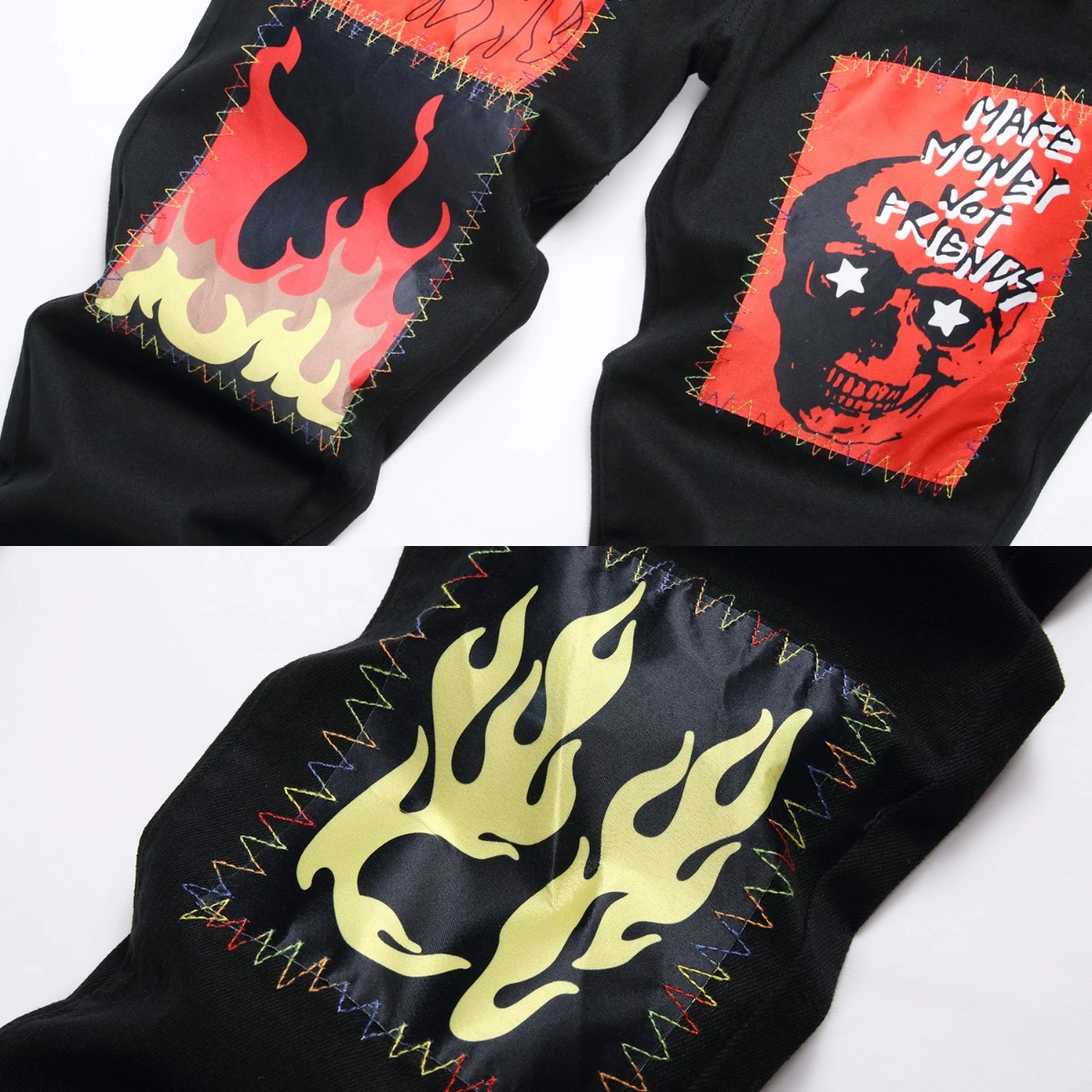 Warm Jeans Men's Skull Embroidery Large Pocket Graffiti Scratched High Elastic 3D English Zipper Slim Fit Pants Soft Cotton 2024
