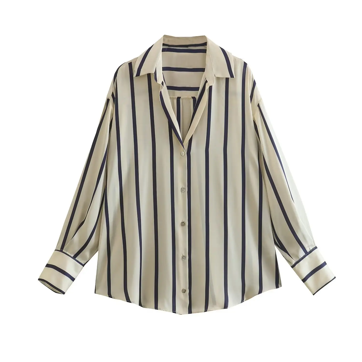 

Winter New Women's Fashion European and American Style Polo Neck Stripe Single breasted Silk Satin Long Sleeve Shirt