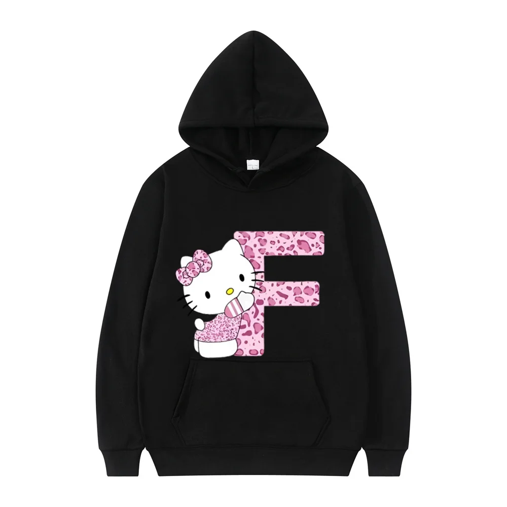 2025 Black Hello Kitty Letter A-Z Woman and Men Long-sleeved Hoodies Sanrio Hoodies Clothes Cartoon Clothes Kawaii Birthday Gift 3
