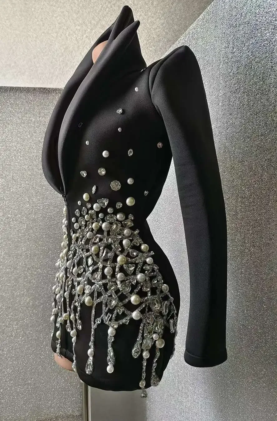 

Black Rhinestone Slim Dress Pearl Stand Shoulder Suit Drag Queen Costume Singer Performance Wear Birthday Party Dress