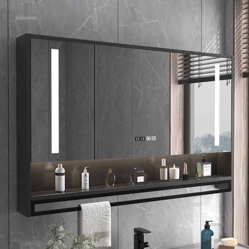 Smart Bathroom Mirror Cabinets Wall-mounted with Backlight Anti-fog Bathroom Furniture Mirror Storage Rack Integrated Cabinet F