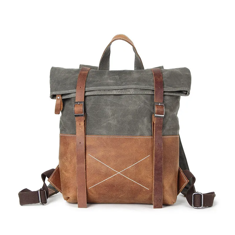 Men Wearproof Waxed Canvas Backpack School Bag Retro Solid Color Leather Large Capacity Students Bag Waterproof Travel Daypacks