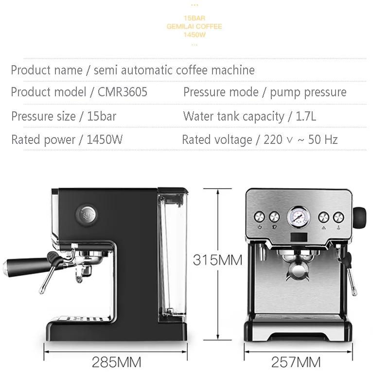 15bar Coffee Machine Concentrated Coffee Semi-Automatic Pump Type Cappuccino Machine Italian CRM3605 1450W