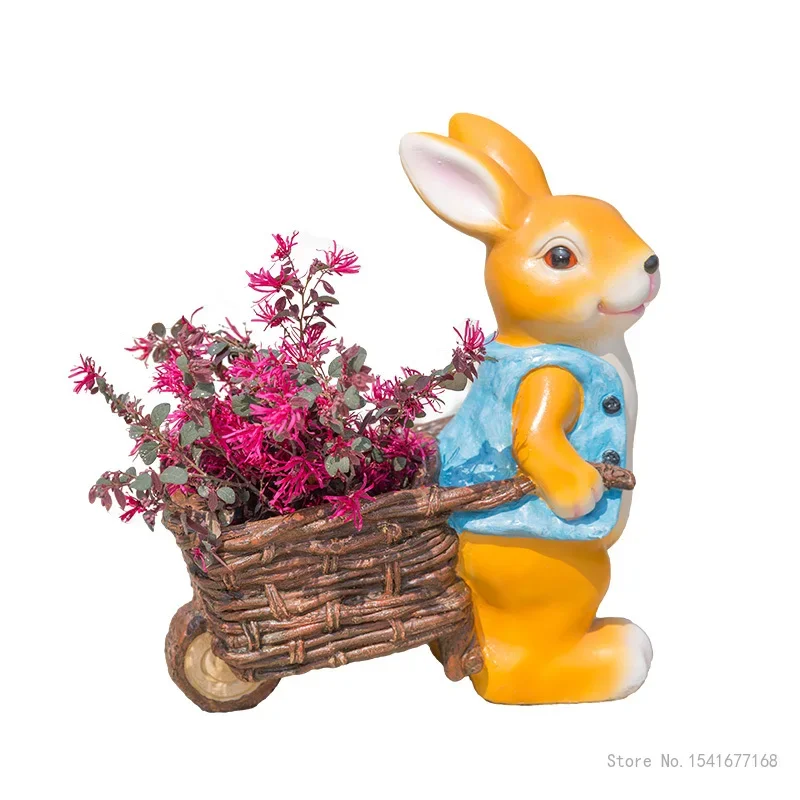 Resin Cartoon Rabbit Cart Flower Pot Decoration, Outdoor Lawn Sculpture, Creative Simulation Craft, New Garden Decoration, 1Pc