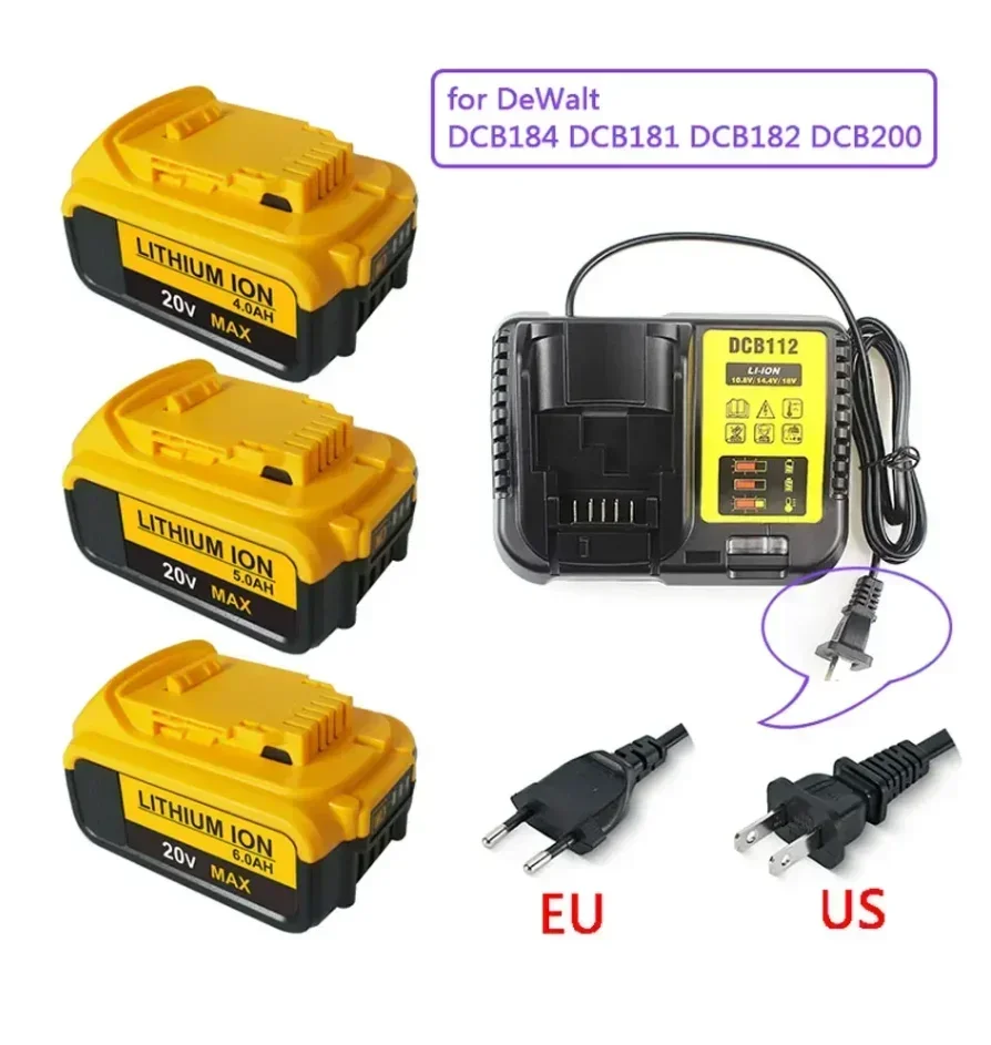 

Latest DCB200 20V 6000mAh Battery and charger For Dewalt 18V DCB184 DCB200 DCB182 DCB180 DCB181 DCB182 DCB201 Tools Battery