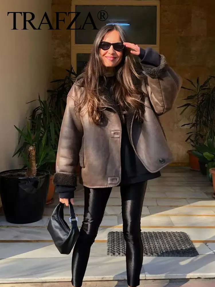 HH Women Vintage Faux Leather Jackets Autumn Winter Warm Wool Blends Single Breasted Coat With Pockets High Street Outerwear