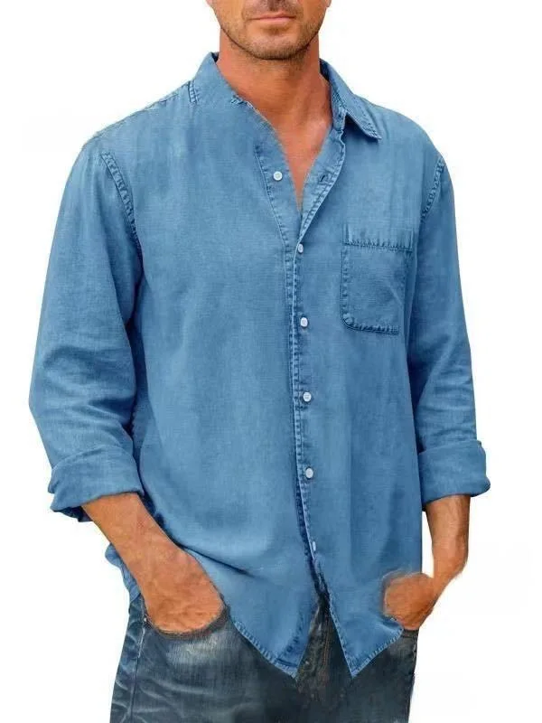 Spring Autumn Men Shirts Cotton Denim Long Sleeve Casual Solid Color Laple Shirt Mens Fashion Vintage Jeans Shirt Tops