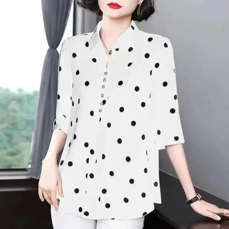 2023 New Versatile Commuter Women's Clothing Simplicity Dot Print Buttons V-neck Half Sleeve Temperament Pullover Shirt