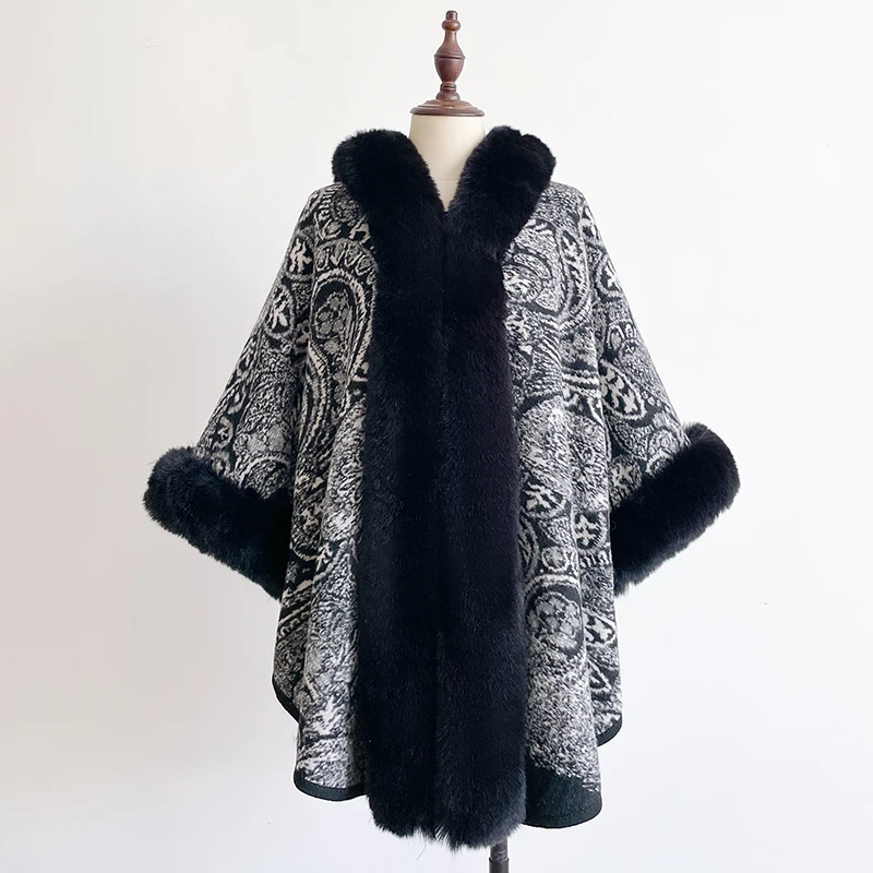 Winter New Thicken Mink Wool Full Trims Faux Fur Cape - Women's Hooded Loose Fleece Cloak Coat for Party Dress Wraps Warm