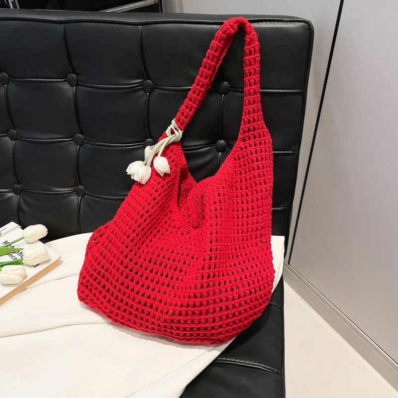 New Sweet Crochet Shoulder Bag Leisure with Tulip Pendant Beach Hollow Handbag Solid Color Vacation Woven Totes Bag Summer