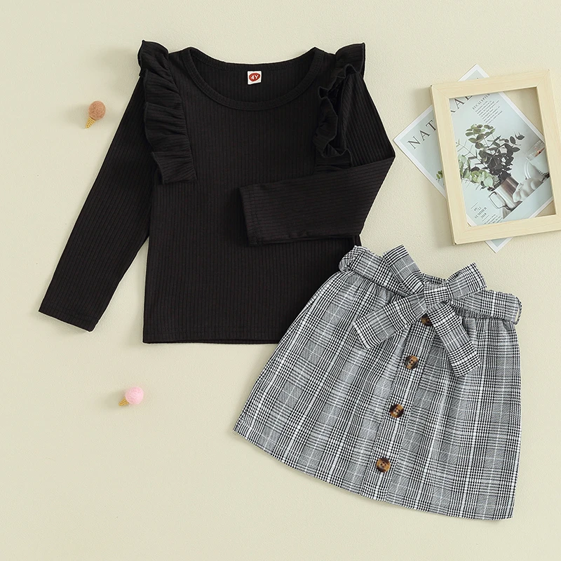 

Kids Clothes Girls Fall Cotton Outfit Long Sleeve Crew Neck T-shirt with Belted Plaid Skirt and Shoulder Bag Children's Clothing