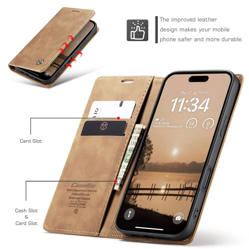 CaseMe Retro Magnetic Flip PU Leather Case for iPhone 17 Air 17 Pro 16 15 14 13 12 11 XS XR 8 7 6S 5 SE Wallet Cover Phone Coque 2