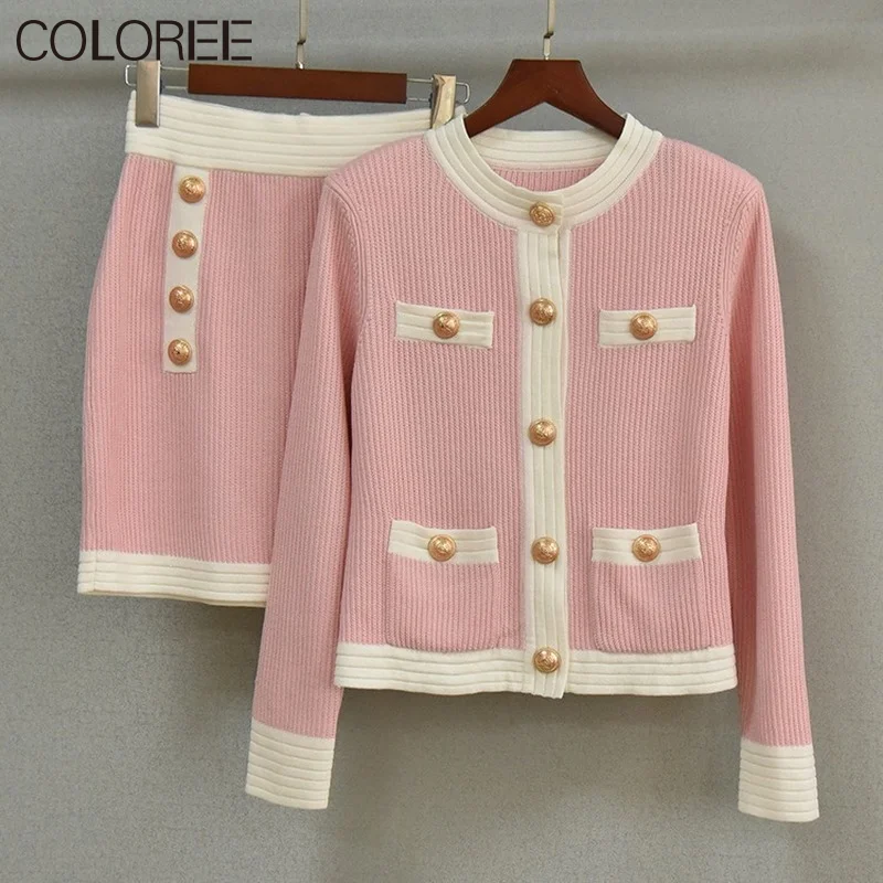 

2023 Winter Women Two Piece Set Elegant Pink/Black High Quality Knitted Cardigans Sweater+Mini Skirt Female Vintage Set Suit