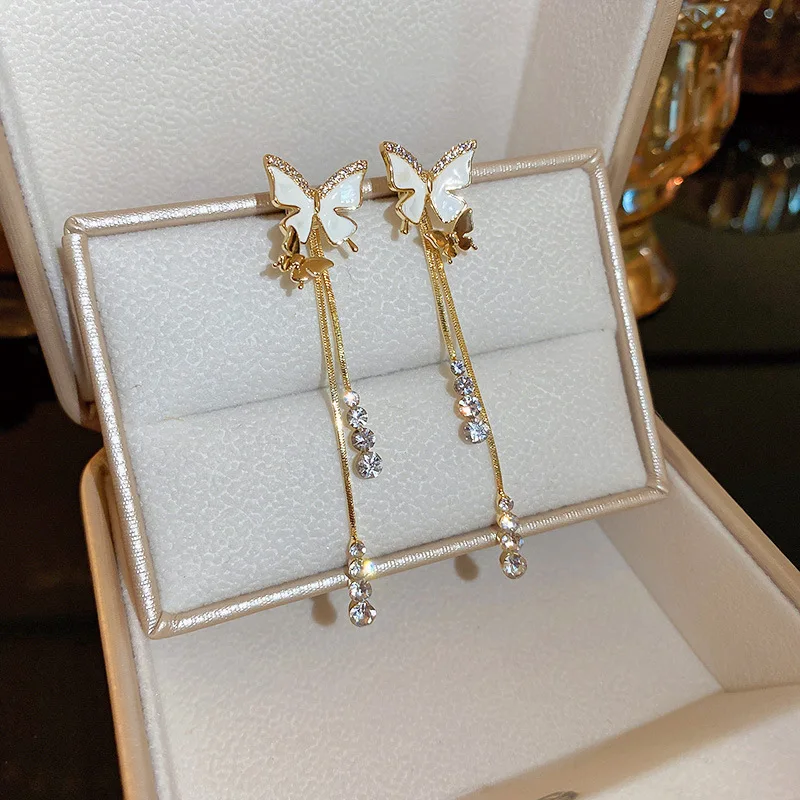 2022 New Zircon Shell Butterfly Tassel Earrings Women\'s Fashion Temperament Long Stud Earrings Wedding Jewelry Birthday Gifts
