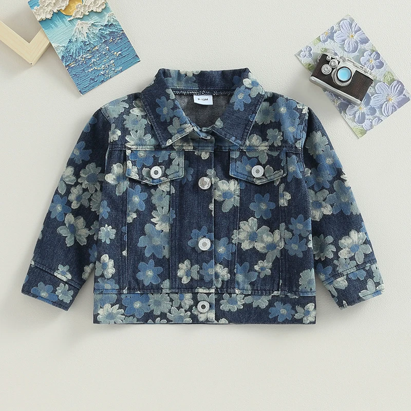 Toddler Baby Girl Boy Jean Jacket Gradient/Floral Print Button Closure Lightweight Denim Jackets Fashion Infant Spring Outwear