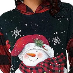 Women Autumn and Winter Fashion New Hooded Pullover Contrast Printing Pockets Splicing Christmas Long-sleeved Sweatshirt