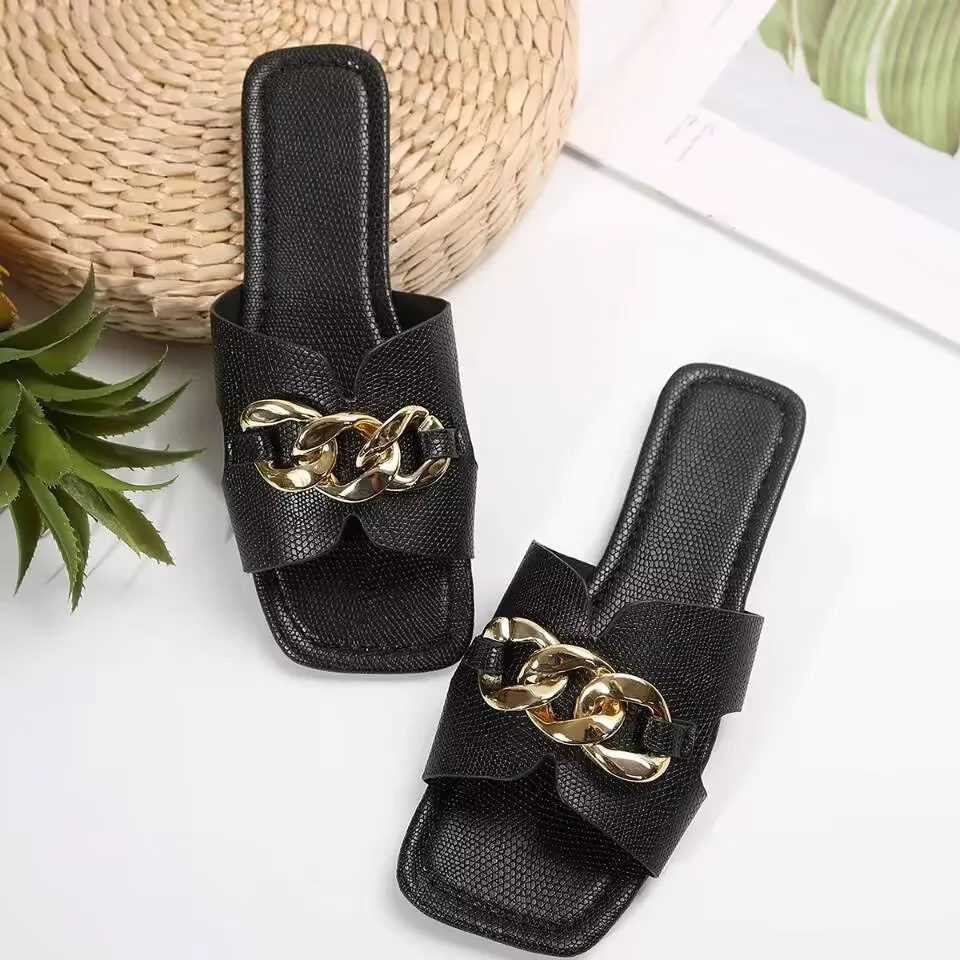 Women Slippers 2025 New Fashion Slippers Square Toe Chain Slippers Beach Metal Decoration Flat Sandals Casual Shoes Slides Women