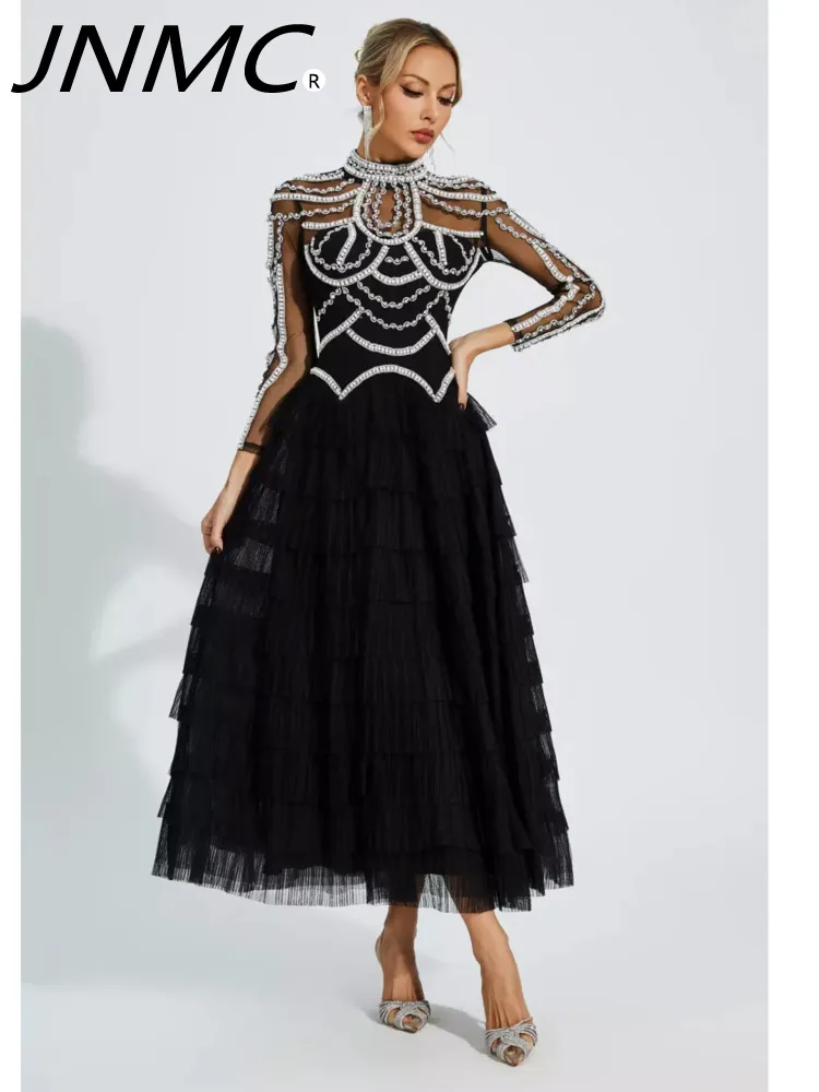 

JNMC Feminine Elegance Heavy Craft Long Sleeve Beaded Patchwork Dress Light Luxury Party Dress Long Bridesmaid Dress 2024