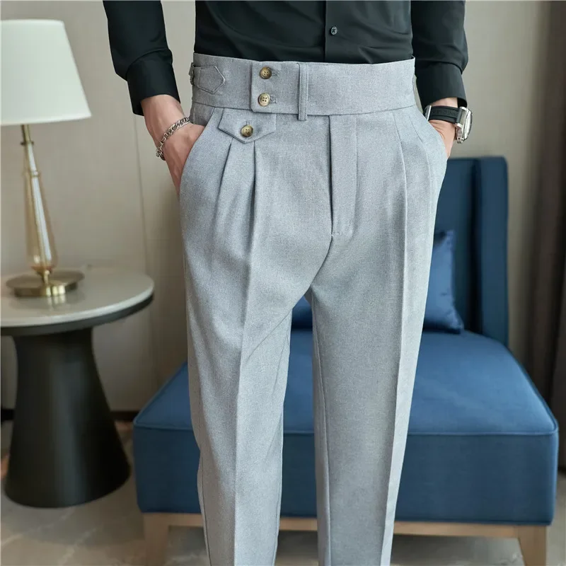 High Waist Men Suit Pants 2024 British Style Casual Dress Pants Men ...