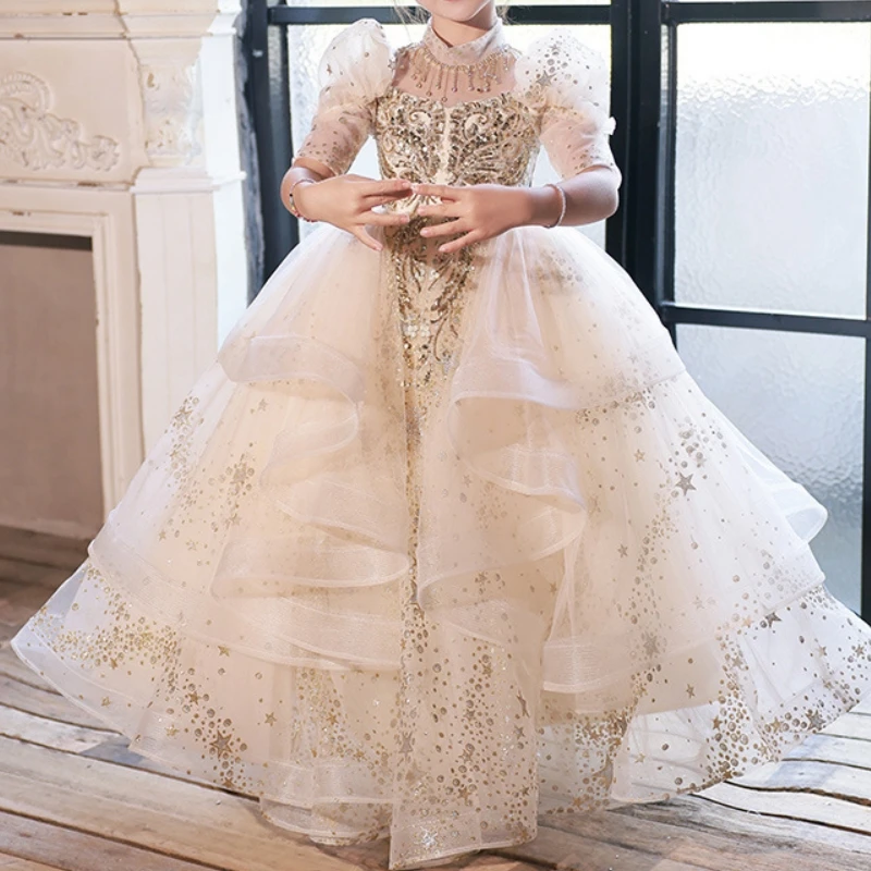 

Elegant Princess Flower Girl Dresses For Wedding High Neck Beading Tiered Skirt Long Kids Party Prom Gown Children's Pageant