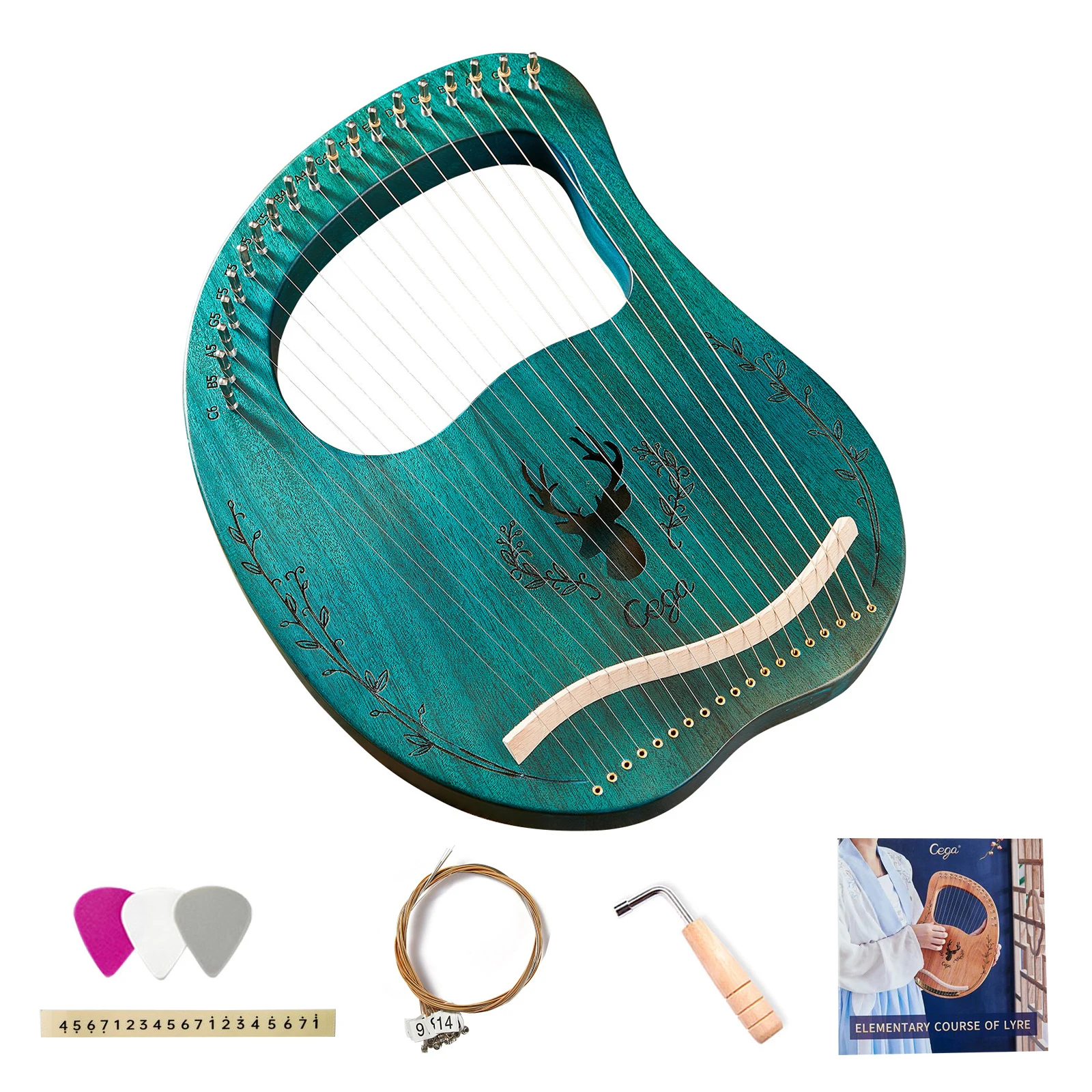 Wooden Lyre 19-String Harp Resonance Box String Instrument with Tuning Wrench 3pcs Picks Sticker Extra Set of Strings Instrument