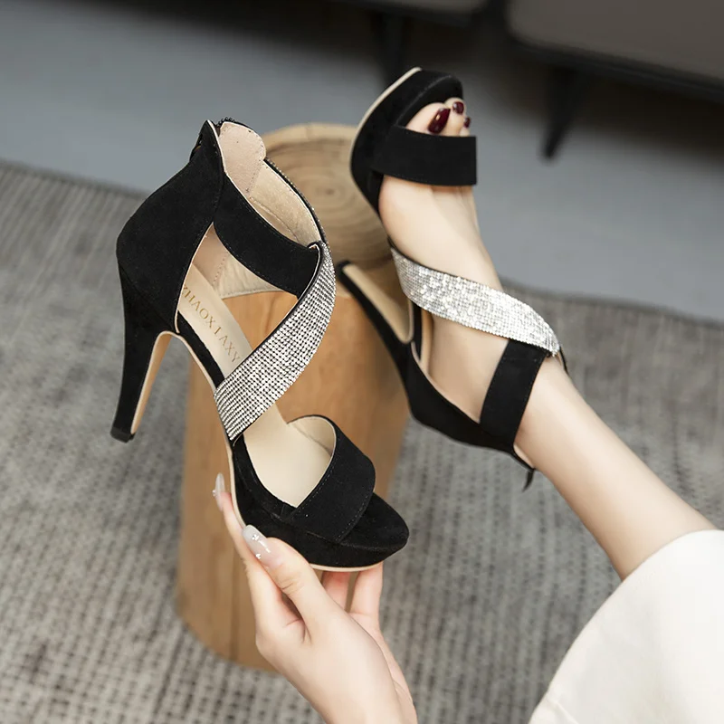 

Women's Shoes 2023 New Fashion Belt Summer High Heel Pump Women Sequins Open Toe Zipped Heel Bag Shoes Ladies