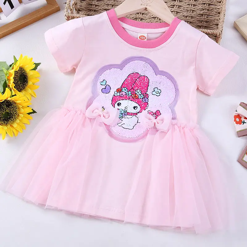 

2024 Cute My Melody Dress Girls Sanrio Kawaii Anime Kuromi Cotton Summer Color-Changing Sequin Short-Sleeved Sparkly Dress Gift