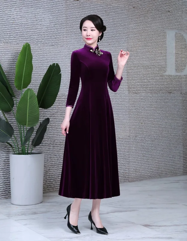 

Платье-Ципао в китайском ретро-стиле, длинное велюровое вечернее платье с воротником-стойкой, большие размеры, Осень-зима