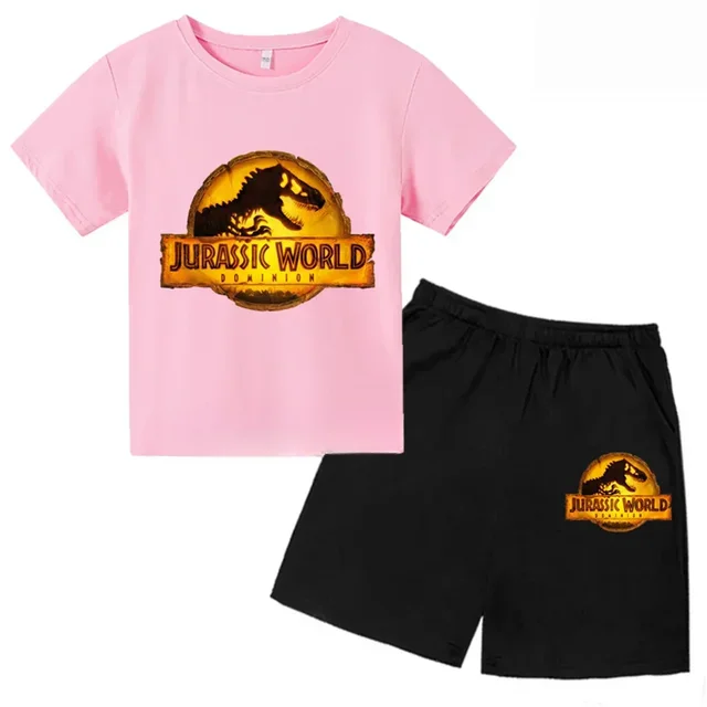 thumbnail image 1 of Conjunto de 2 piezas de camiseta y pantalones cortos con estampado de dinosaurio de Jurassic Park para niños y niñas, con estampado de dibujos animados de verano, 1 of 5