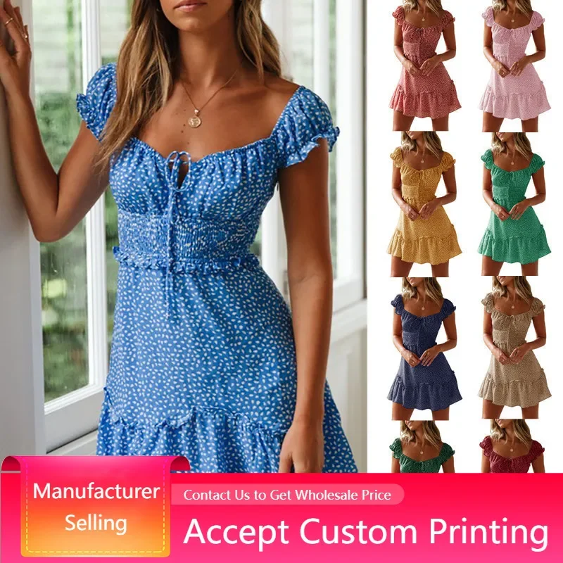 

Summer Floral Dress Ruffle Sleeve Sweetheart Neckline Printing Dress Mini Dress Women U-neck Low Cut Sexy Pleated Boho Sundress