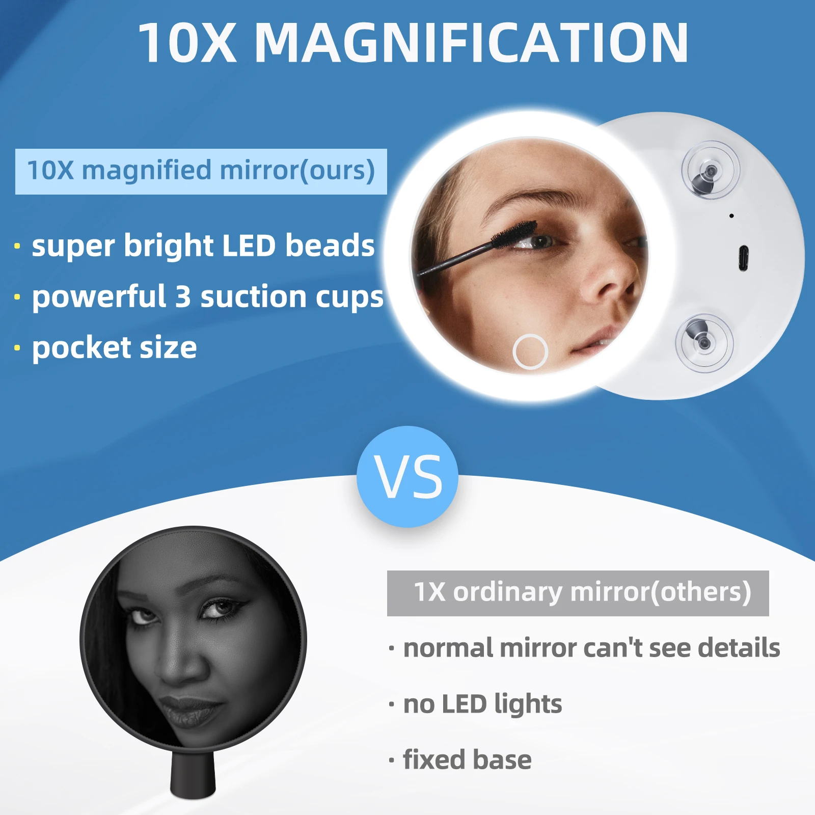 Makeup Mirror Magnifying Mirror 4" Compact Mirror Natural LED Light Rechargeable Lighted Travel 3 Suction Cups
