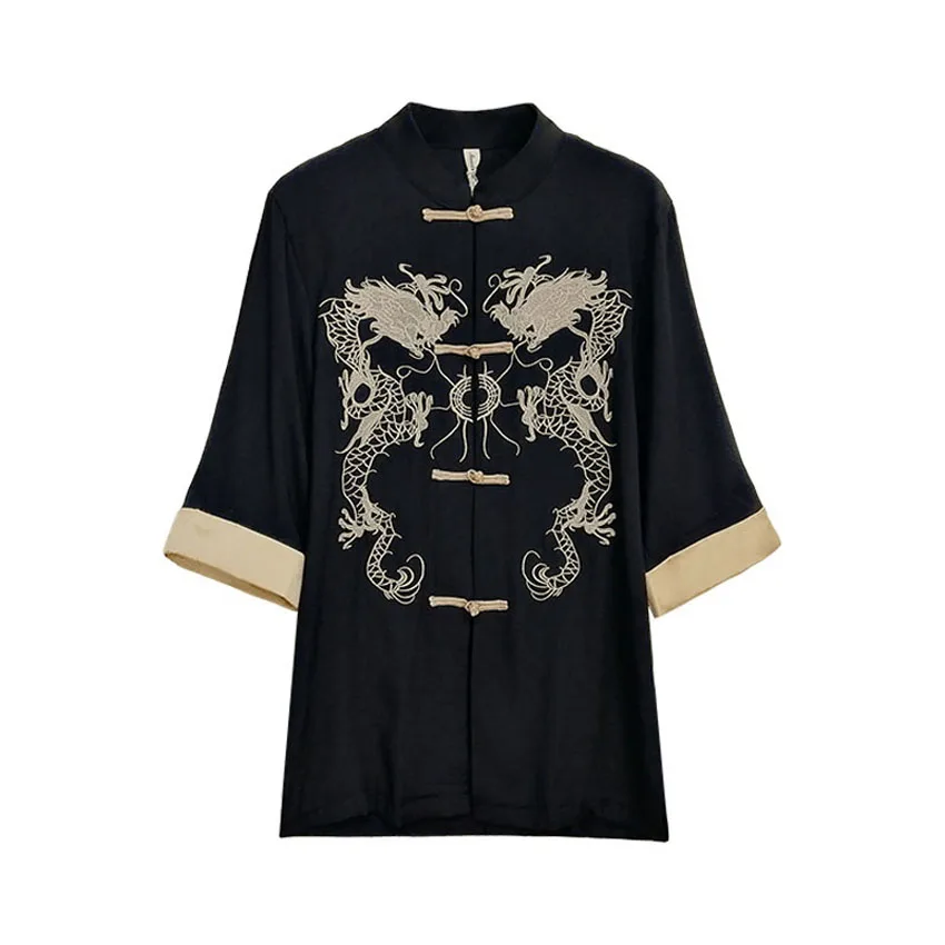 Women Chinese Shirt Women Satin Blouse Black Gothic Tang Suit Shirt Dress for Girls Women Chinese Traditional Blouse Single Breasted Dragon Embroidery Jacket Coat