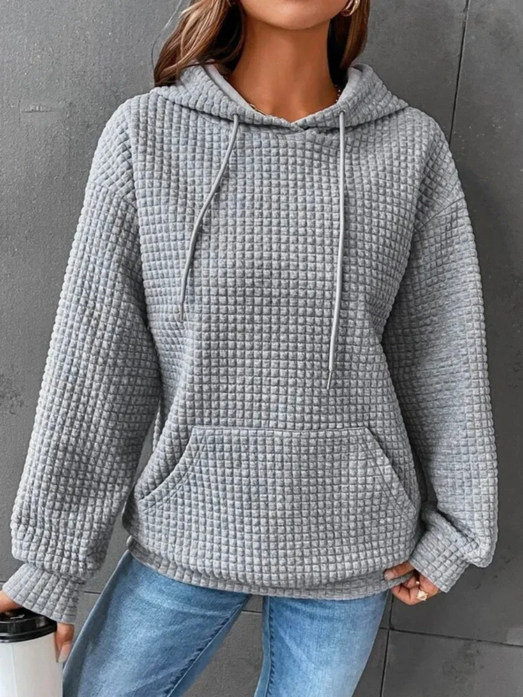 

Women's Loose Ruched Waffle Sweatshirt with Pockets, Knitting Tops, Autumn Sweatshirts, Spring Streetwear, New, 2023