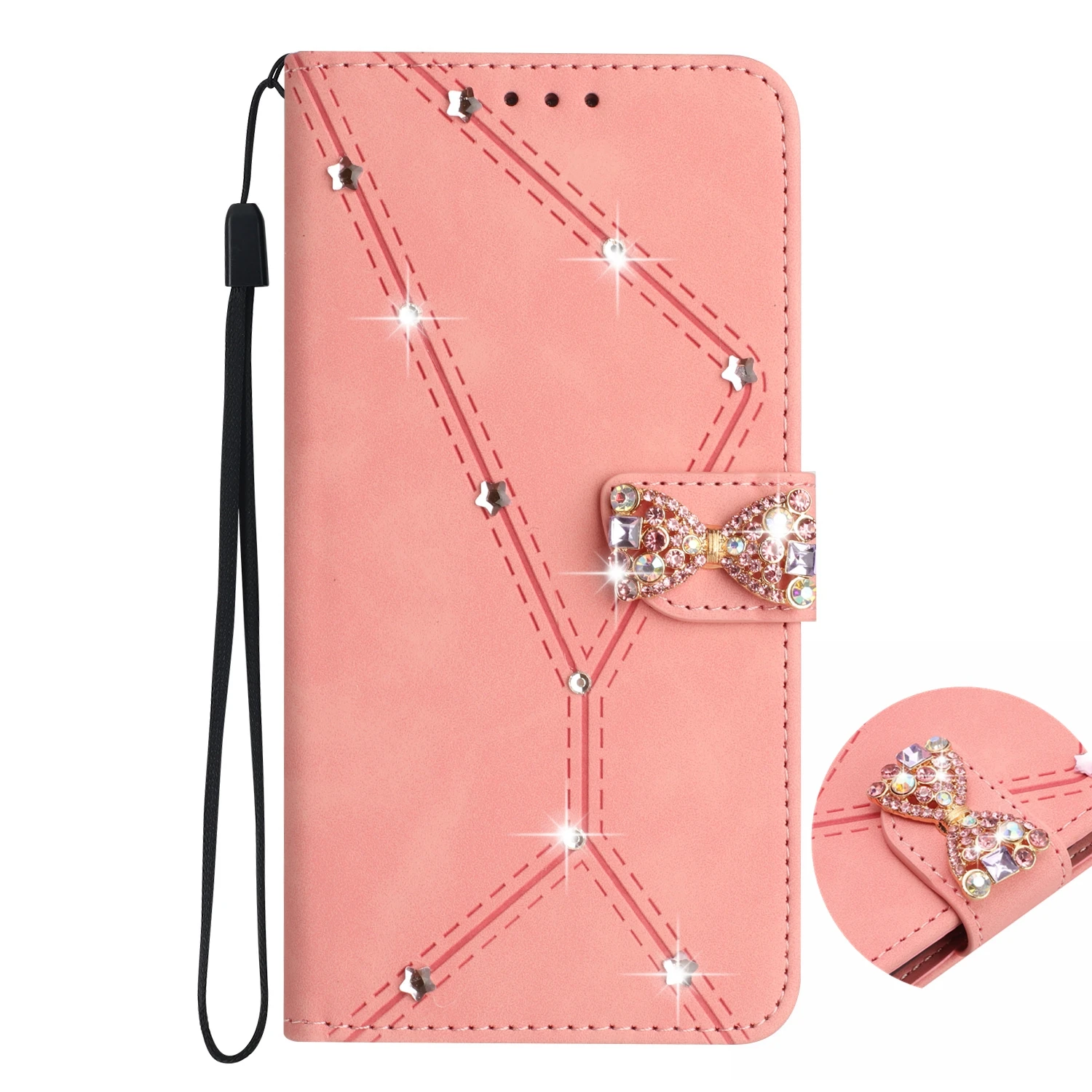 Luxury Rhinestone Wallet Case with Bow - Leather Flip Cover with 3 Card Slots and Anti-Drop Protection