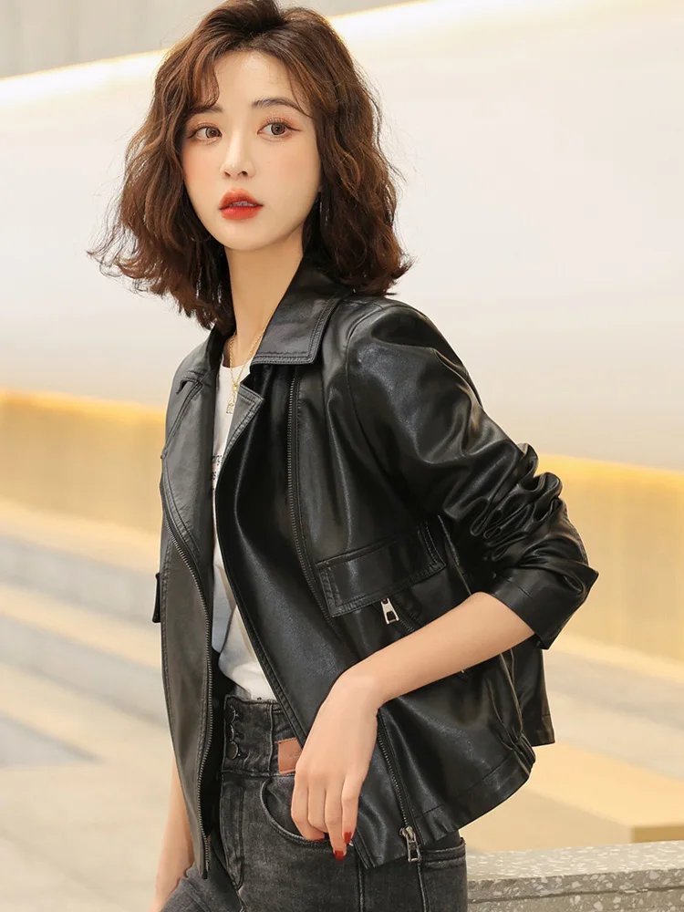 New Women Casual Leather Jacket Spring Autumn Fashion Suit Collar Sheepskin Short Coat Split Leather Loose Small Outerwear