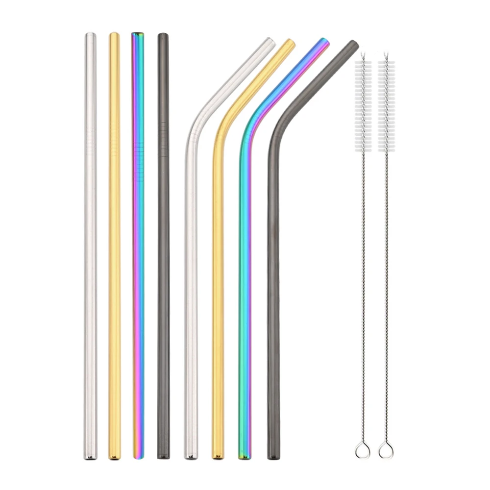 Eco-Friendly Reusable Silver Straw Set with Cleaning Brush, Stainless Steel Bent & Straight Straws