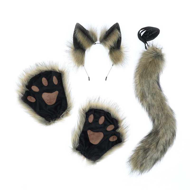 

Emulation Cartoon Kemonomimi Grey Wolf Dog Cosplay Props Fox Animal Ears Tail Claw Sets Plush Cat Paw Headwear