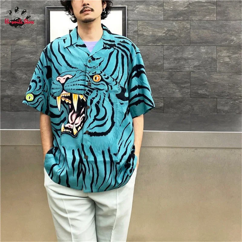 Casual Beach Style WACKO MARIA Shirt Summer Men Woman Streetwear Tiger Print Lapel Buttons Hawaii Top