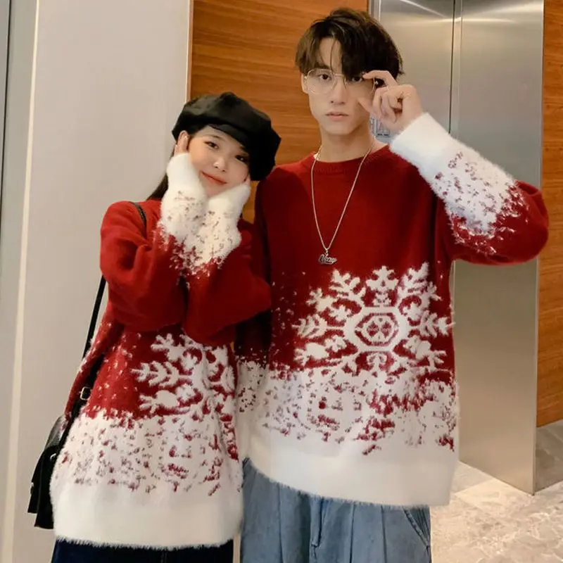 2023 New Round Neck Red Couple Christmas Sweater Soft Thick Snowflake Pattern Ins Vintage Loose Pullovers Men\'s Winter Sweater